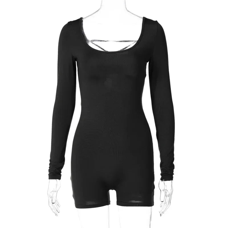 New Women's Rompers Long Sleeved Backless Solid Color Sexy Lace Up Tight Party Jumpsuit for Women