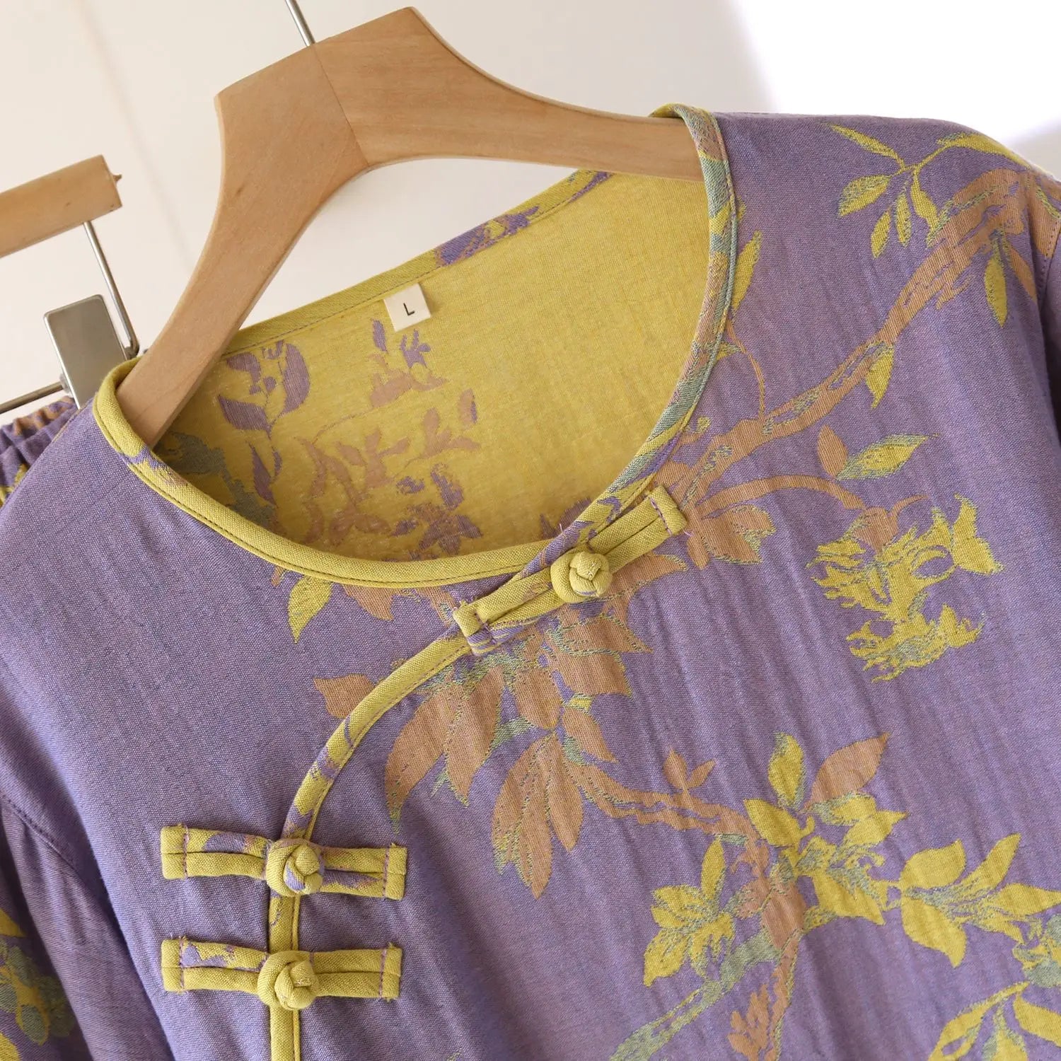 Women's Retro Long-sleeved Trousers Loungewear Set Yarn-dyed Double-sided Jacquard Thin Pajamas Round Neck Chinese Style Pijama