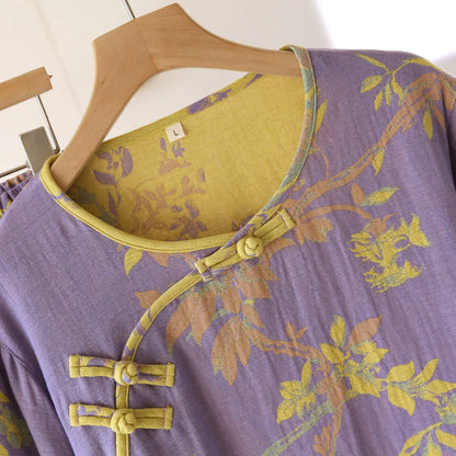 Women's Retro Long-sleeved Trousers Loungewear Set Yarn-dyed Double-sided Jacquard Thin Pajamas Round Neck Chinese Style Pijama