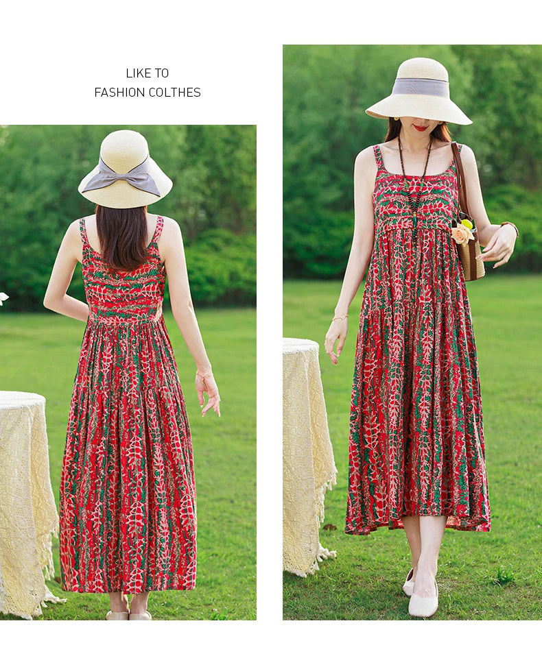 New Fashion Casual 2025 Summer Elegant Dresses For Women O-Neck Print Vintage Sleeveless Dress Loose Women Clothing