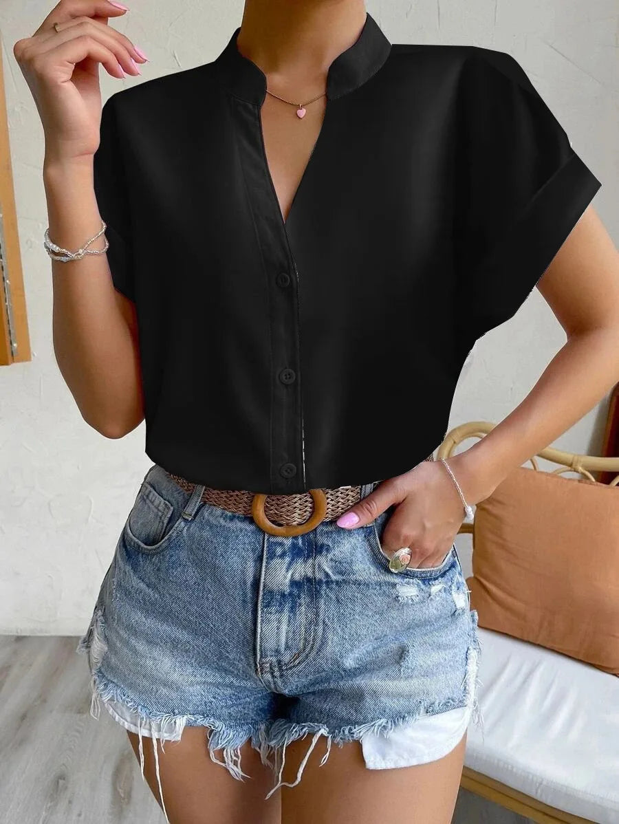 Women Solid Folds PU Leather Button Turn Down Collar Bodycon Working Black Blouse Tops black