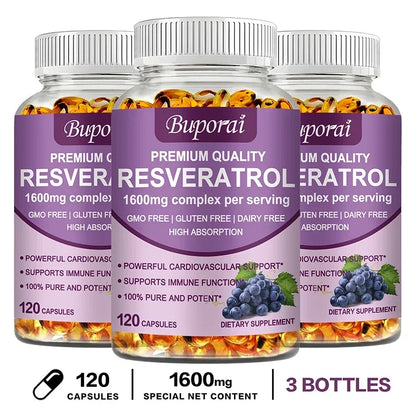 Resveratrol Capsules - Anti-aging, Antioxidant, Skin Support, Cardiovascular Health 120 Capsule-3bottles