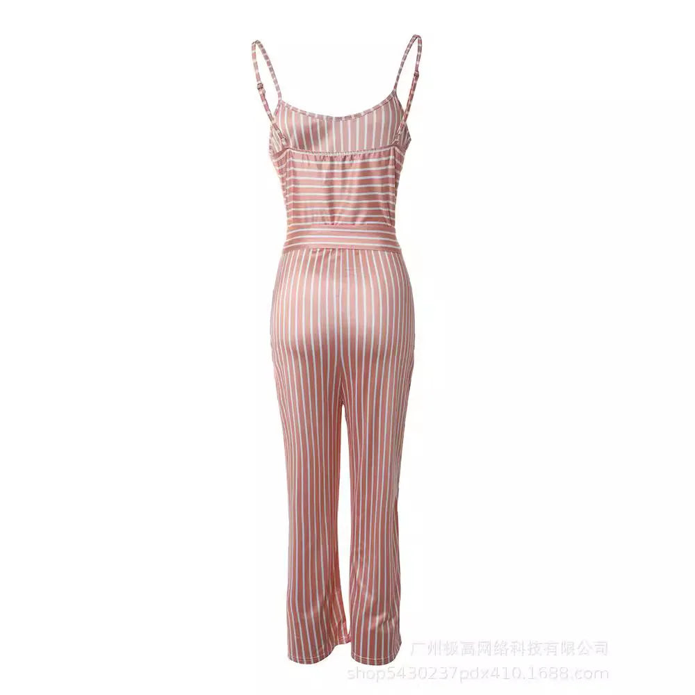 Women's Jumpsuit 2024 Summer Elegant Casual Striped Printed Spaghetti Strap Tie Details Mid Waisted Tight Fit Cropped Jumpsuit