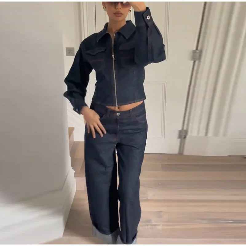 Lapel Zipper Denim Jackets Pants Sets Women Casual Pockets Short Jackets Suit With High Waist Jeans Lady Chic High Street Outfit