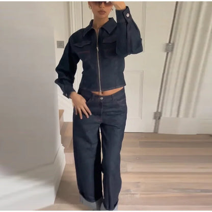 Lapel Zipper Denim Jackets Pants Sets Women Casual Pockets Short Jackets Suit With High Waist Jeans Lady Chic High Street Outfit