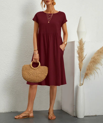 Cotton Linen Dress For Women Summer Casual Splicing Pocket Dresses Vestido Fashion Female Clothing Short Sleeve Loose Midi Dress Claret
