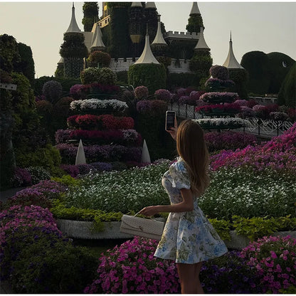 Women Floral A-line Mini Dress Short Sleeve Button-front Stand Collar Belted 2025 Summer Elegant Vestido Ladies Chic Party Dress