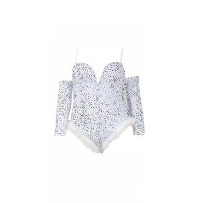 Women's Elegant Sequined Feather Slim Patchwork Bodysuits Spring Summer New Sexy Bodysuits Women Long Sleeve Backless Bodysuits