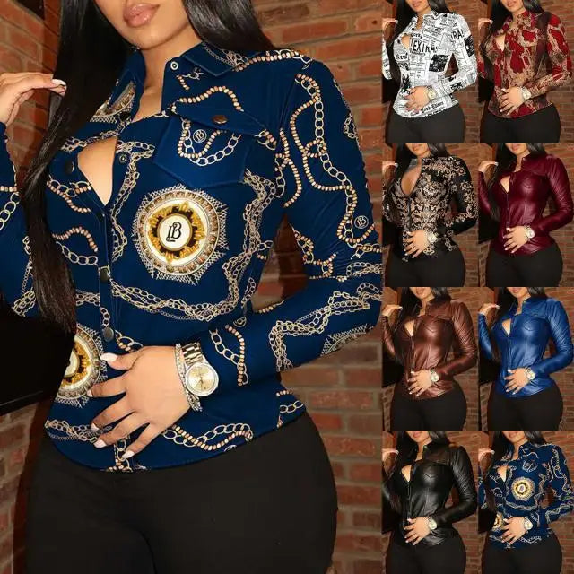 Women's New Fashion Button Pocket Slim Fit V-neck Popular Single Breasted Long Sleeved Versatile Leather Shirt 2025