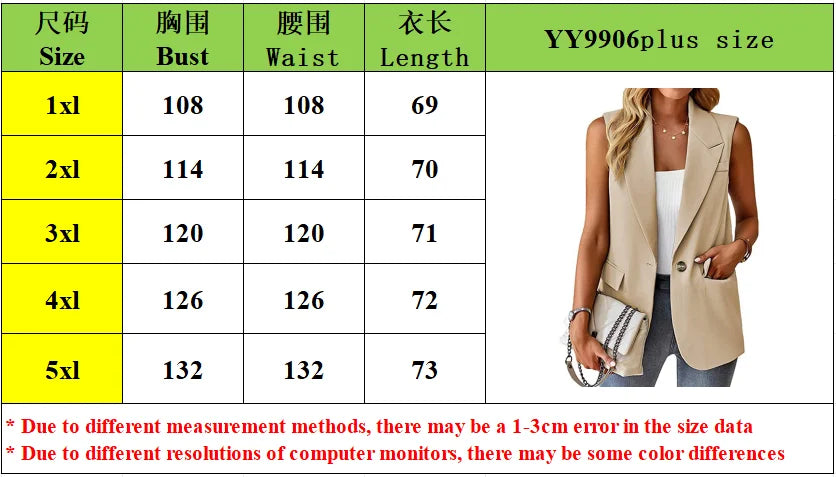 Plus Size European and American Spring/Summer Style Commuting Casual Sleeveless cardigan vest Vest Vest Women's suit