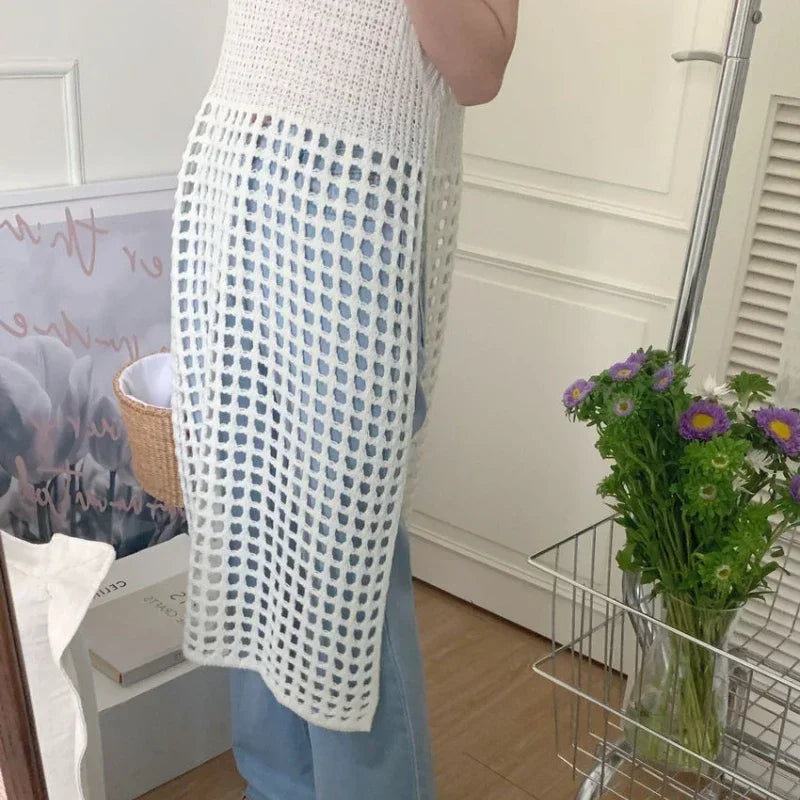 TKNOLEGE Knitted Dress Hollow French Style Fashion O-neck Out Design Sleeveless Solid Casual Tender Holiday Chic Ladies Dress ﻿