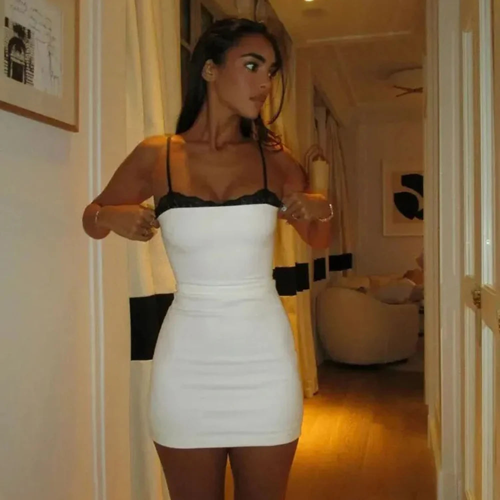 TRAFZA Women Sexy Lace Splicing Dress Fashion Slim Strapless Spaghetti Straps Mini Dresses Evening Party Sexy Short Dresses Badiee Stylez