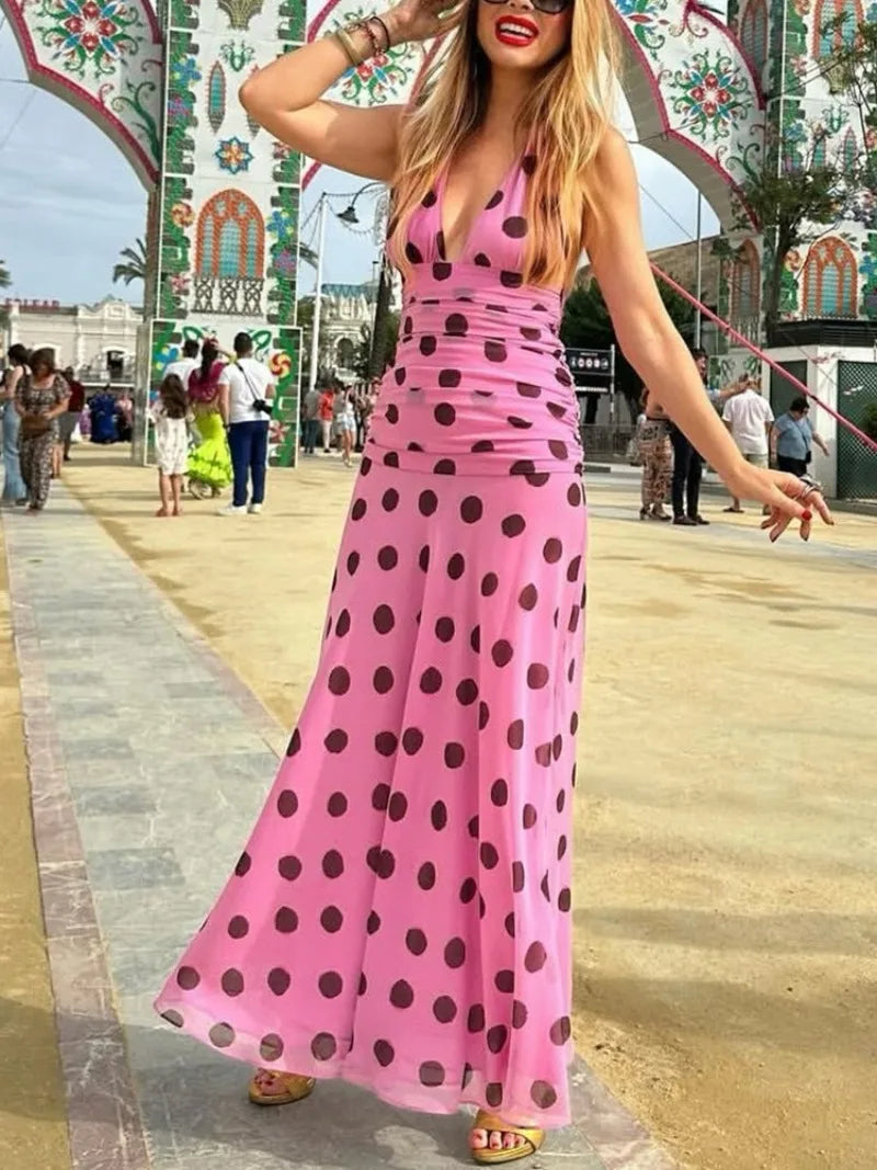 Trendix Pink Print Pleated Maxi Dress Women's Summer V Neck Sexy Backless Vintage Long Dresses 2025 Fall New Party Elegant Dress