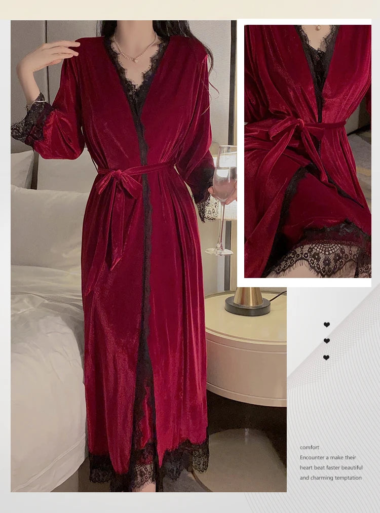 Women Warm Velour Homewear Long Kimono Robe Cami Sleepwear Burgundy Bathrobe Set Sexy Nightgown Winter Robe Suit Loungewear