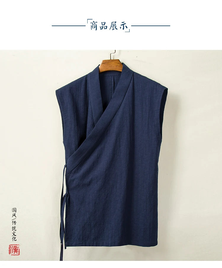 Chinese Traditional Clothing Hanfu Vest Men Linen Cotton Sleeveless Top Men's Tang Suit Kimono Cardigan Men's Slit Top