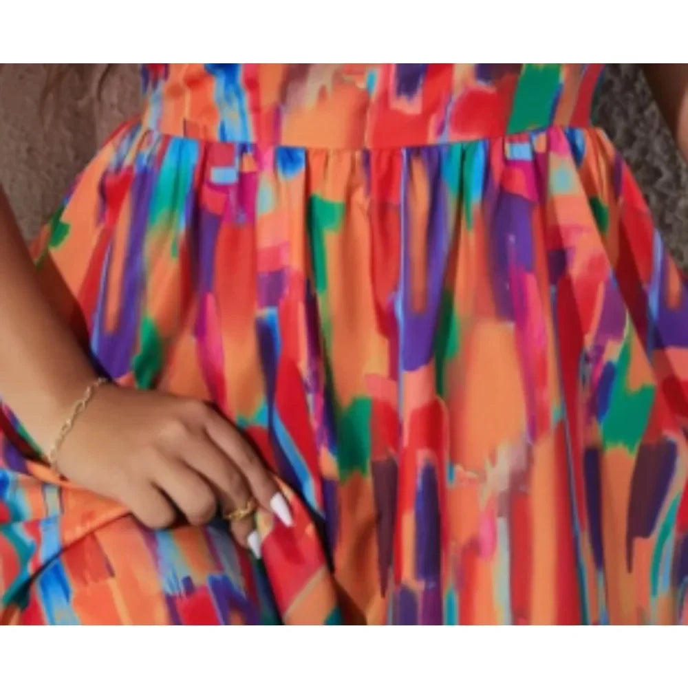 Plus Size Women Spring and Summer Dress Brush Casual Sleeveless Print Puff Sleeve A Line Dress