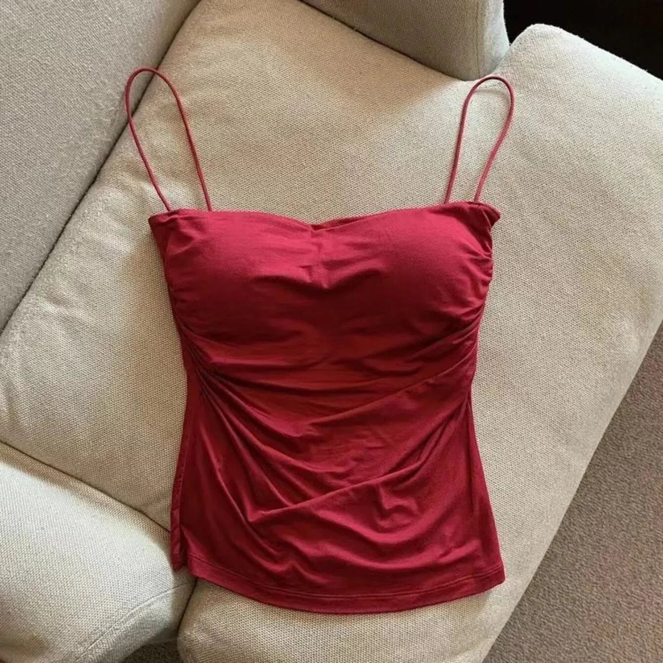 Women's Sleeveless Top Tank Underwear Fitted Camisole Sexy Short Top With Thin Straps Plain White Tank Top Korean Style Wine Red Average Size