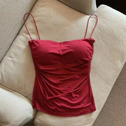 Women's Sleeveless Top Tank Underwear Fitted Camisole Sexy Short Top With Thin Straps Plain White Tank Top Korean Style Wine Red Average Size