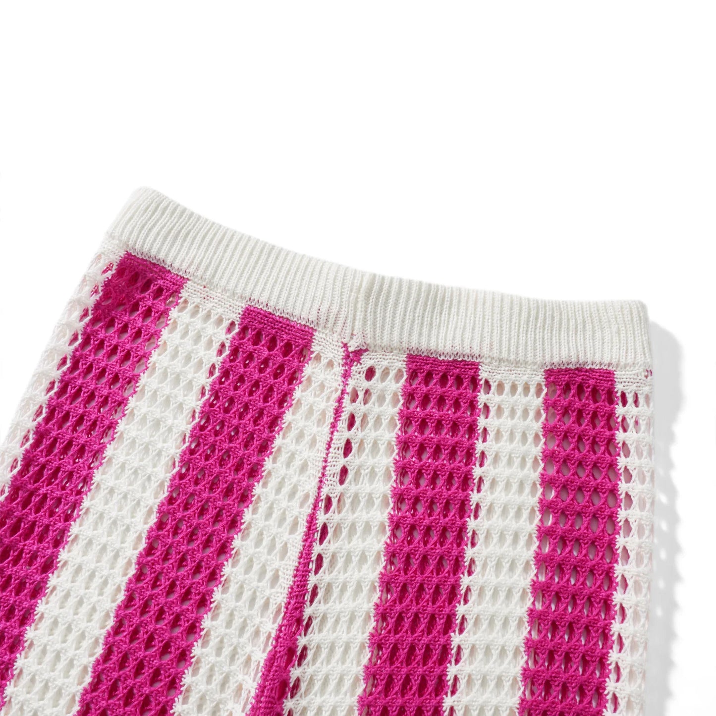 Women With Summer V-neck Button Top & Wide Leg Pants Suits Spring Crochet Hollow Knitted Set Woman 2 Pieces Striped Print