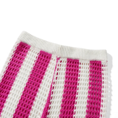 Women With Summer V-neck Button Top & Wide Leg Pants Suits Spring Crochet Hollow Knitted Set Woman 2 Pieces Striped Print