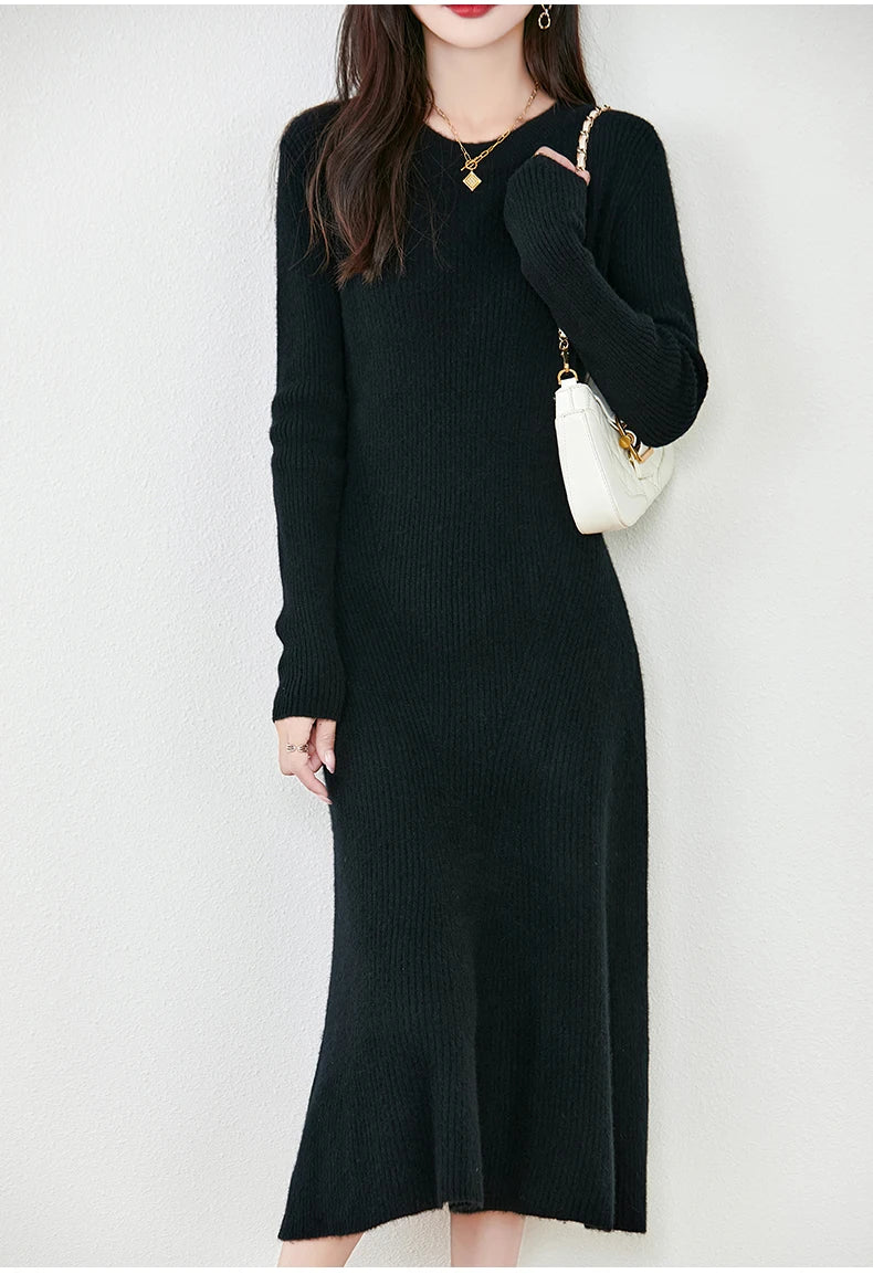 Women's Pure Wool Knitted Long Dress, Round Neck, Fishtail Skirt, Slim, Elegant, Casual, Fashionable, Sweater, 2024Autumn/Winter Badiee Stylez