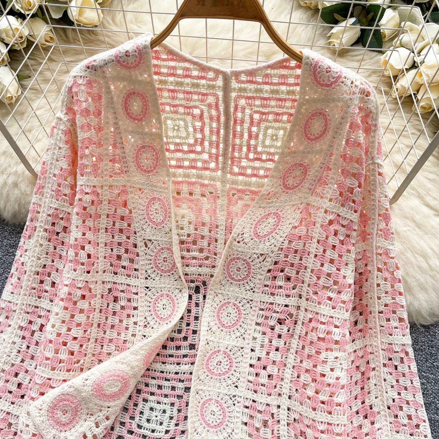 SINGREINY Vintage Boho Loose Plaid Cardigans Female Long Sleeves Hook Flower Hollow Tops 2025 Vacation Sunscreen Casual Shirt Badiee Stylez