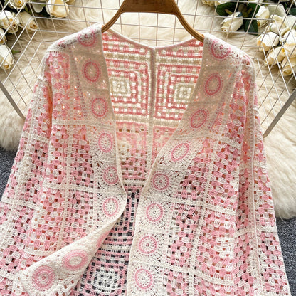 SINGREINY Vintage Boho Loose Plaid Cardigans Female Long Sleeves Hook Flower Hollow Tops 2025 Vacation Sunscreen Casual Shirt Badiee Stylez