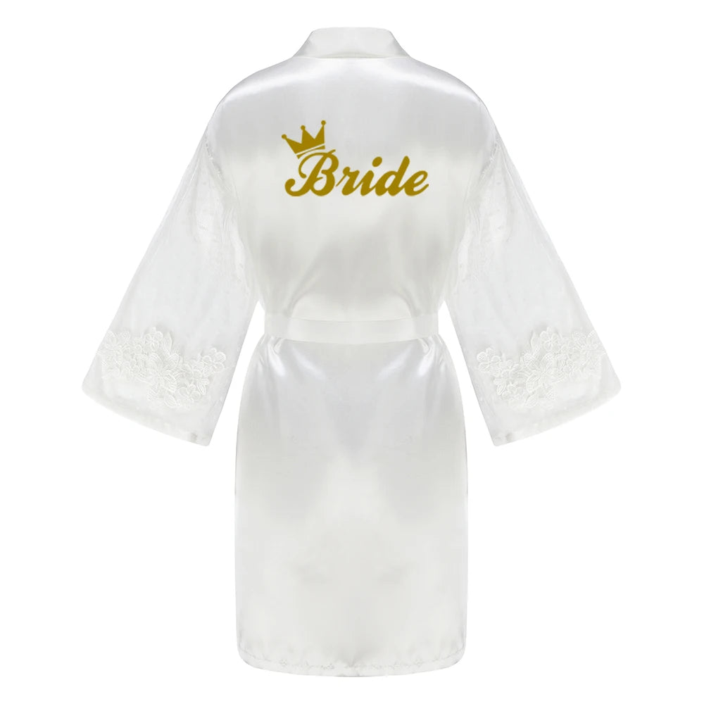 Green Bridesmaid Wedding Party Team Bride Robe With Gold Letters Lace Mesh Sleeve Kimono Satin Pajamas Mother Bathrobe As the photo show 9