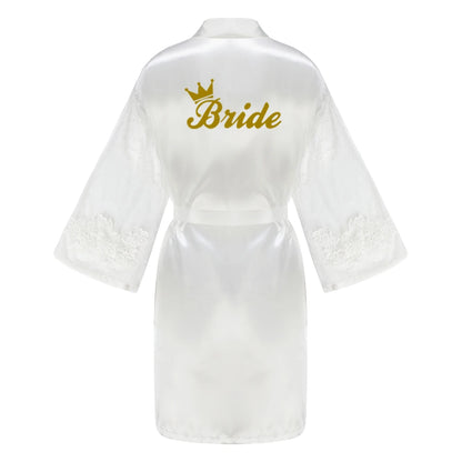 Green Bridesmaid Wedding Party Team Bride Robe With Gold Letters Lace Mesh Sleeve Kimono Satin Pajamas Mother Bathrobe As the photo show 9