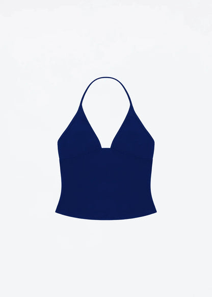 Tank triangle cup halter V-neck backless crop top Hayley's same style strappy top low-cut backless top Blue