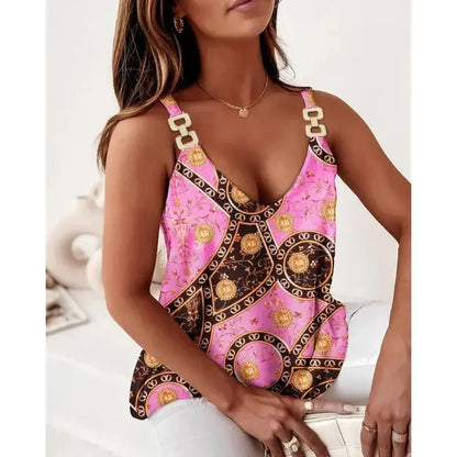 Summer Women's Casual Chain Camisole Vest V-neck Sleeveless Fashionable Printed Camisole Vest Summer Vacation Party Women's Vest