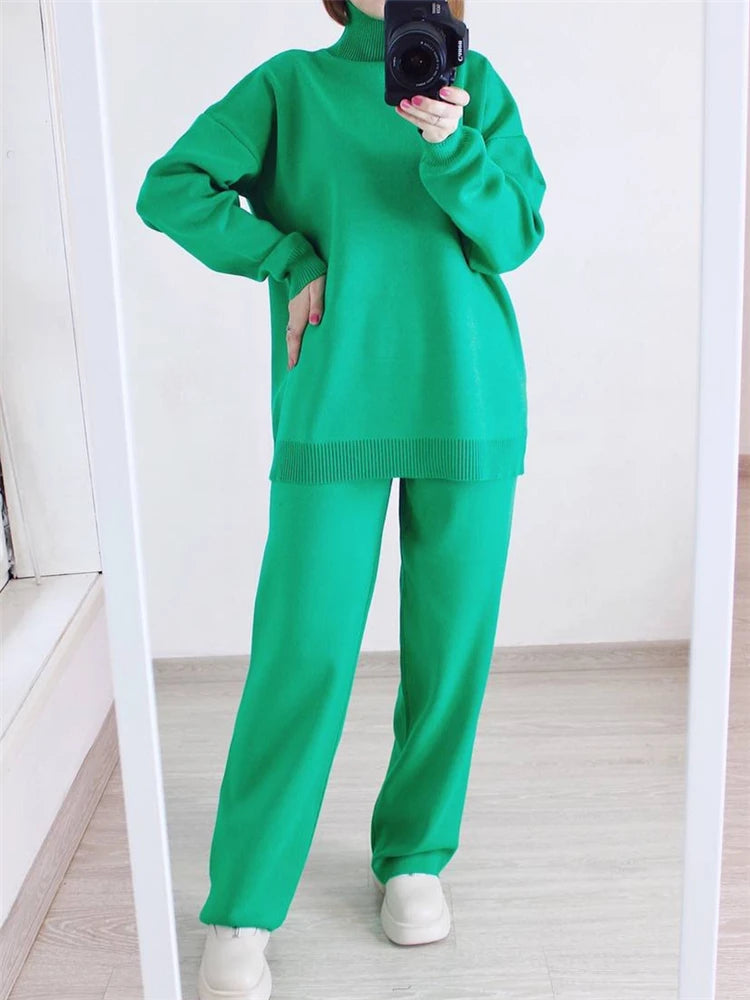 Autumn Winter 2 Pieces Women Sets Knitted Tracksuit Turtleneck Sweater and Straight Jogging Pants Suits green One Size