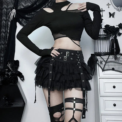 Y2K Street Dark Devil Cloth Strip Pleated Skirt Metallic Buckling Lace Layer Cake Short Skirt Women‘s High-end Design Sex Skirt