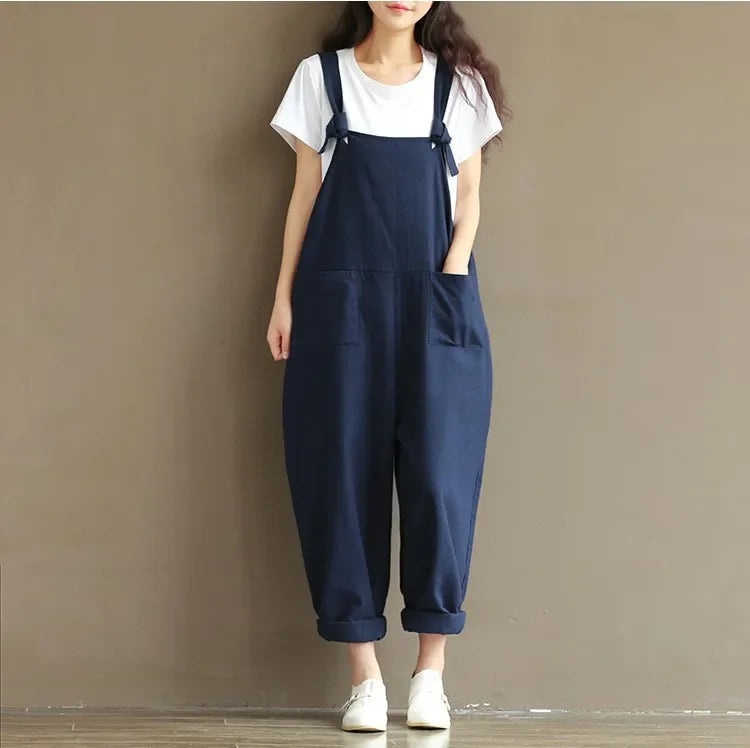 Women's Solid Color Simple Suspender Jumpsuit Sanded Cotton Pocket Loose Suspender Casual Pants Daily Commuter Wear S-3XL Badiee Stylez