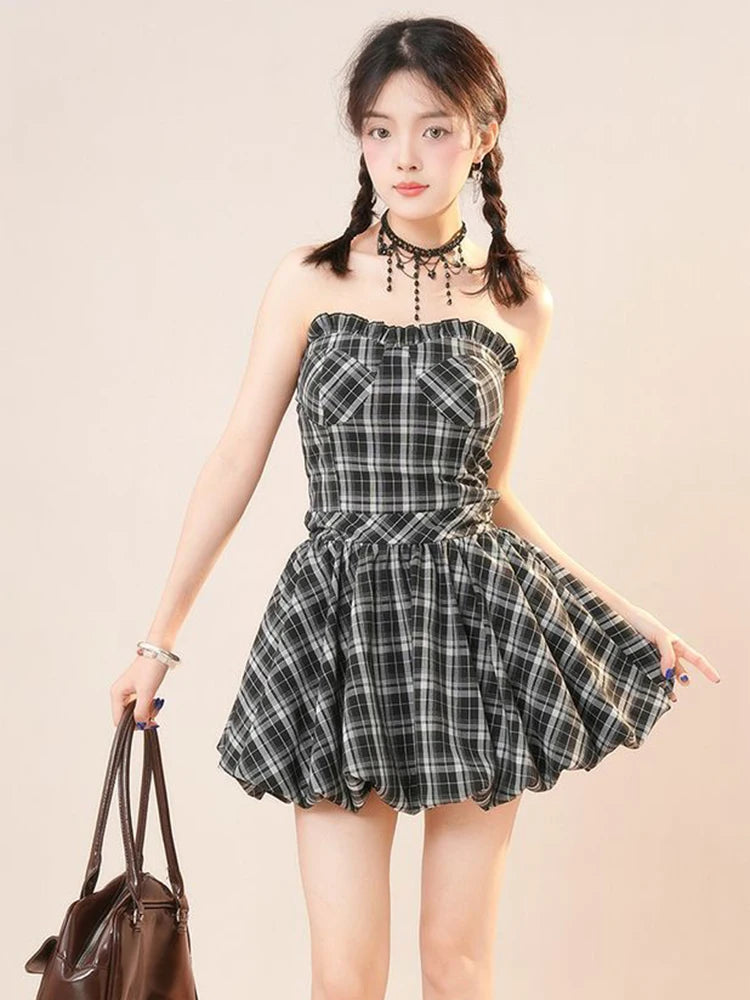 Y2K Plaid Mini Dress Women Vintage Backless Patchwork Slim Dress Summer Sexy Bodycon Strapless Aesthetic Lady Vestidos Badiee Stylez