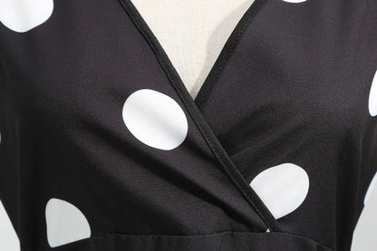 Summer V-neck sleeveless polka dot lace-up waist tucked vintage swing dress