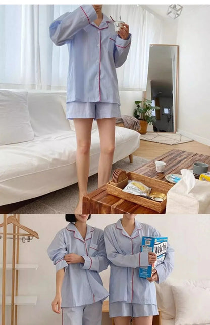 Women's Striped Solid Color Pajamas Short Sleeve Shorts Cardigan with Lapel Student Homewear Two-Piece Set Girl Sleepwear