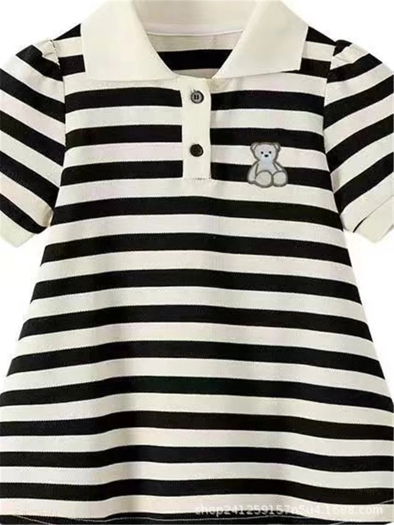 Girls Stripes Dresses Spring Autumn Kids Short Sleeve Polo Neck Sweatshirt Dress Teen Fashion T-Shirt Dress Clothes 2-10 Years