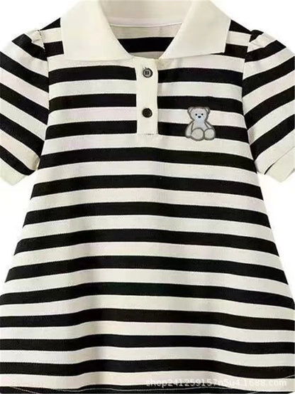 Girls Stripes Dresses Spring Autumn Kids Short Sleeve Polo Neck Sweatshirt Dress Teen Fashion T-Shirt Dress Clothes 2-10 Years
