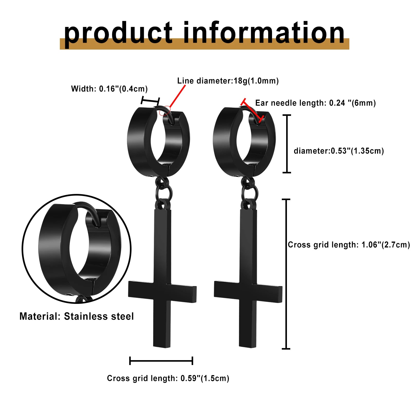 BONISKISS Men Women Stainless Steel Inverted Upside Down Cross Earring Church of Satan Temple Occult Satanic Witchy Stud Jewelry