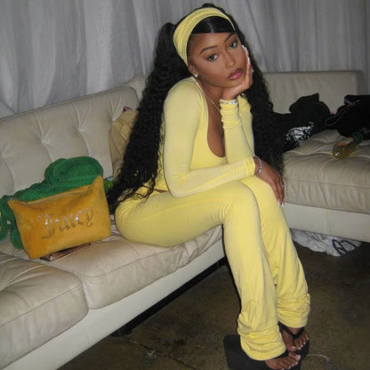Fashion Soild Women's Set Long Sleeve Yellow U Neck Shirt and Flared Pants 2024 Elegant Tracksuits Two 2 Piece Set Outfits