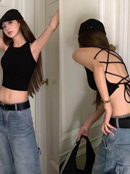 Y2K Women's Tops Backless Crop Top Sleeveless Sexy Cute Black Vest Tank Top Summer Cropped Vest Female 2000S Clothing black