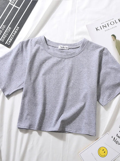 Summer Short Sleeve T Shirts Women Cotton Solid T-shirt O Neck High Waist Crop Top Tee Female Casual Loose T Shirt Badiee Stylez