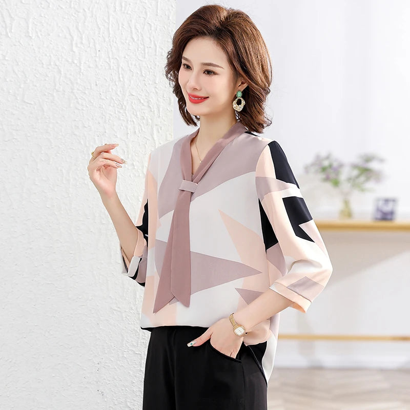 Women's Shirt Middle-aged Mother Elegant Summer Lady Shirts Bandage Floral Printed Chiffon Shirt Blouse Women's Clothing 2