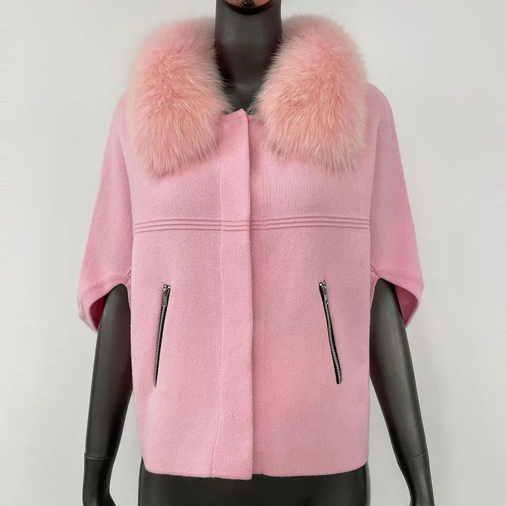 FURYOURSELF 2025 New Real Fox Raccoon Fur Collar Coat Knitted Sweater Women Short Sleeve Jacket Thick Warm Outerwear streetwear pink One Size