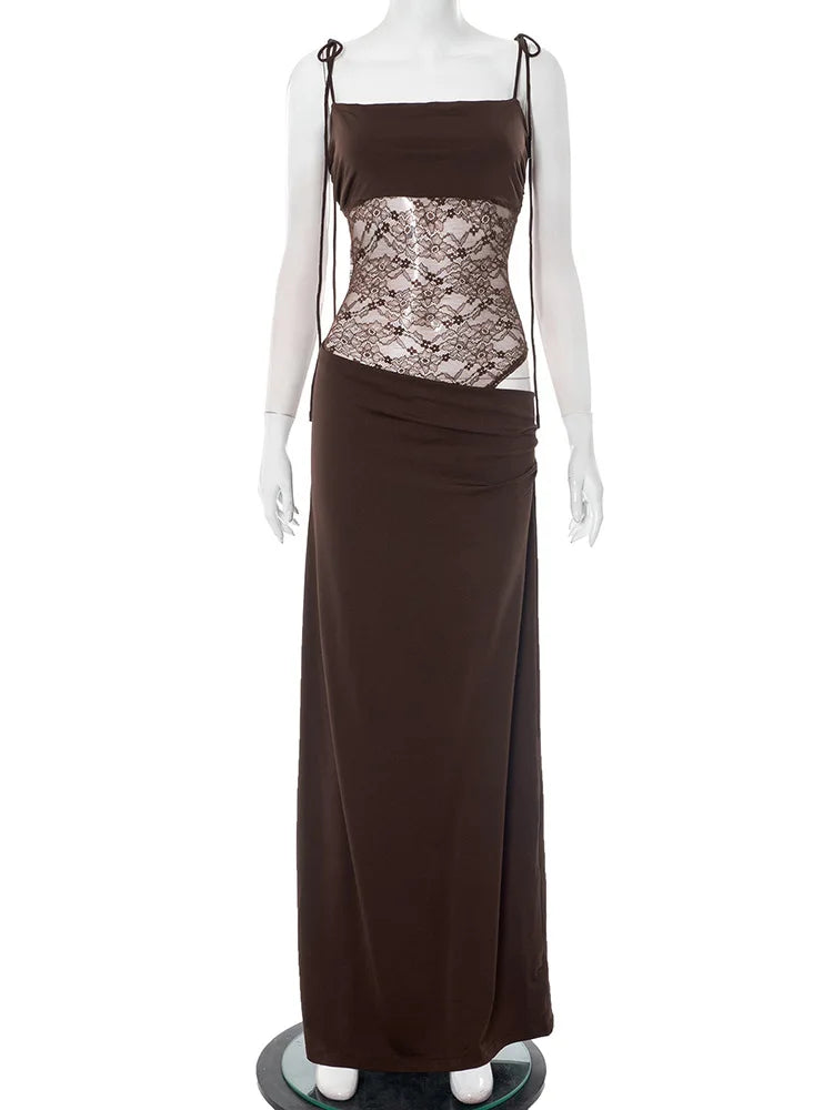 Elegant Lace Cut Out Maxi Dresses for Women 2025 Sexy Spaghetti Strap Patchwork Holidays Party Dress Summer Backless Long Dress Brown