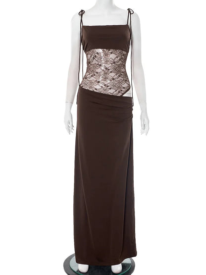 Elegant Lace Cut Out Maxi Dresses for Women 2025 Sexy Spaghetti Strap Patchwork Holidays Party Dress Summer Backless Long Dress Brown