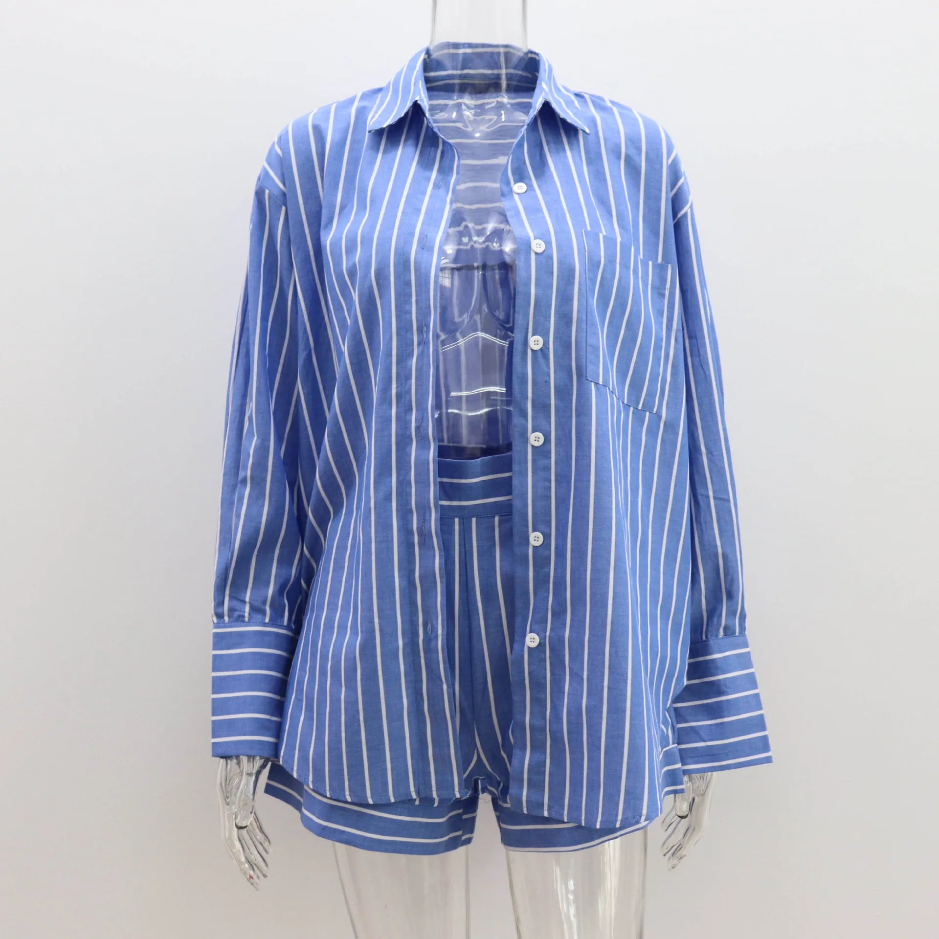 Striped Two Pieces Shorts Set Summer Long Sleeve Turn Down Collar Button Cotton Long Shirts Tops Women Clothing Casual Outfits