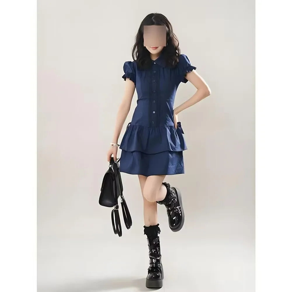 Vintage Black Y2k Dresses Lace Shirt Dress for Women Slim Waist All-match Dresses Short Sleeve Vestidos De Mujer Summer Dress