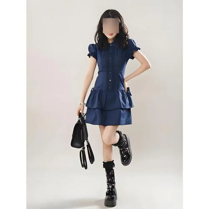 Vintage Black Y2k Dresses Lace Shirt Dress for Women Slim Waist All-match Dresses Short Sleeve Vestidos De Mujer Summer Dress